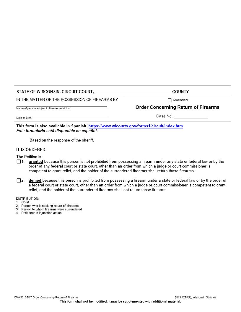 Order Concerning Return Of Firearms {CV-435} | Pdf Fpdf Docx | Wisconsin