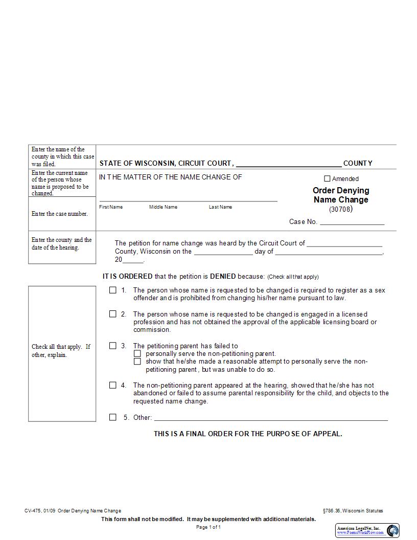 Order Denying Change Of Name {CV-475} | Pdf Fpdf Docx | Wisconsin