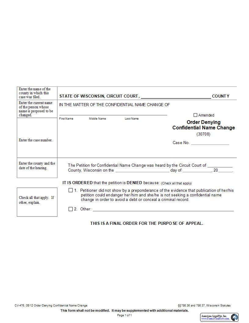 Order Denying Confidential Name Change {CV-476} | Pdf Fpdf Docx | Wisconsin