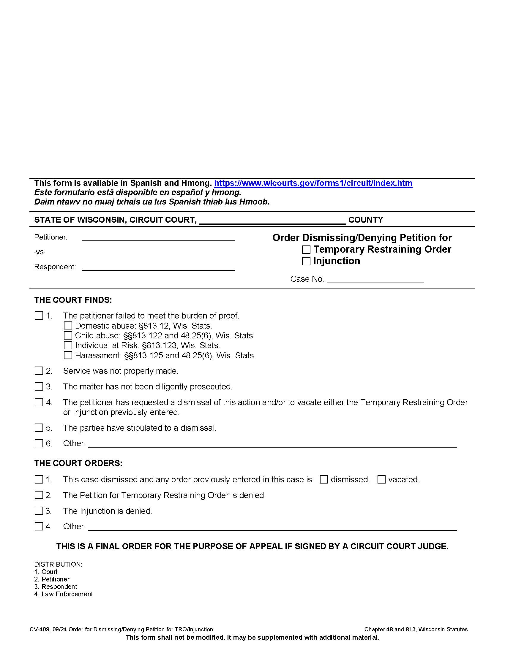 Order Dismissing-Denying Petition for TRO {CV-409} | Pdf Fpdf Docx | Wisconsin