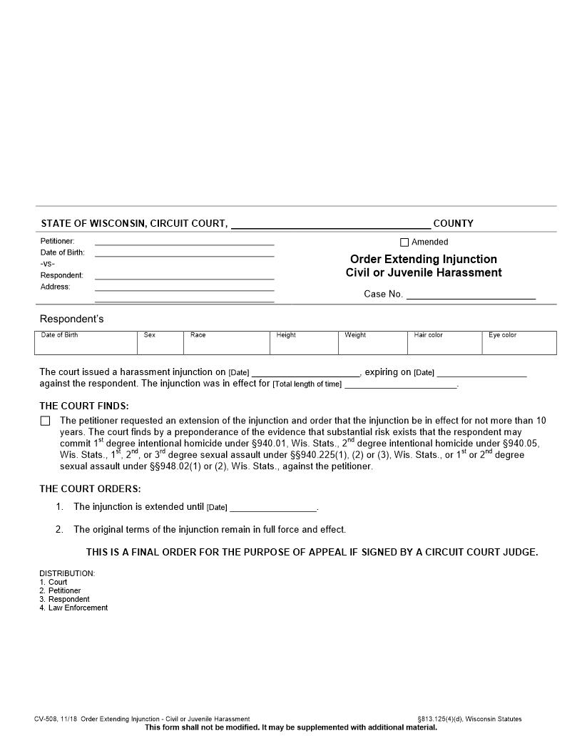 Order Extending Injunction -  Civil Or Juvenile Harassment {CV-508} | Pdf Fpdf Docx | Wisconsin