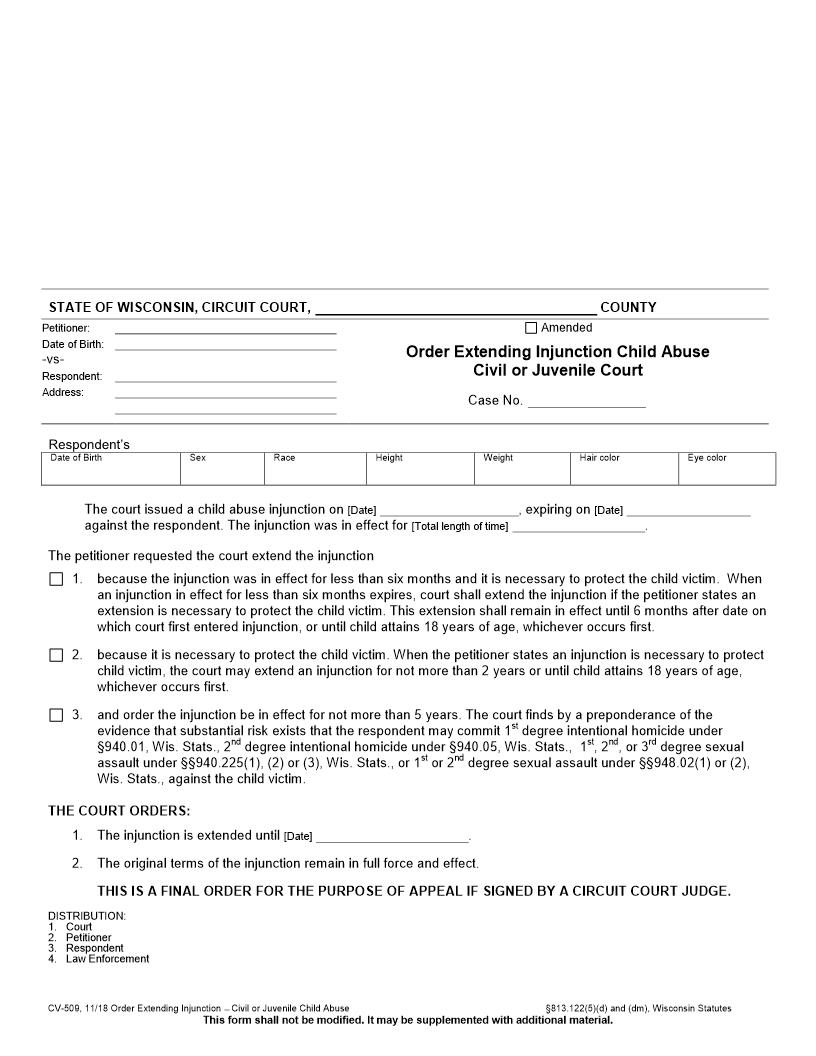 Order Extending Injunction - Civil Or Juvenile Child Abuse {CV-509} | Pdf Fpdf Docx | Wisconsin