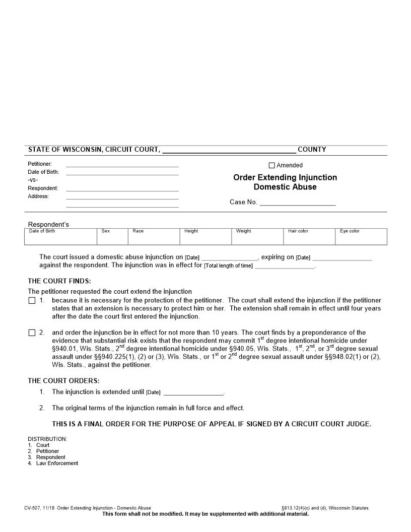 Order Extending Injunction - Domestic Abuse {CV-507} | Pdf Fpdf Docx | Wisconsin