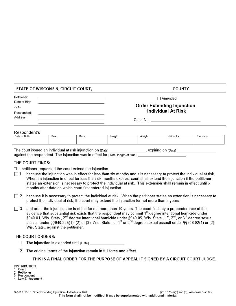 Order Extending Injunction - Individual At Risk {CV-510} | Pdf Fpdf Docx | Wisconsin
