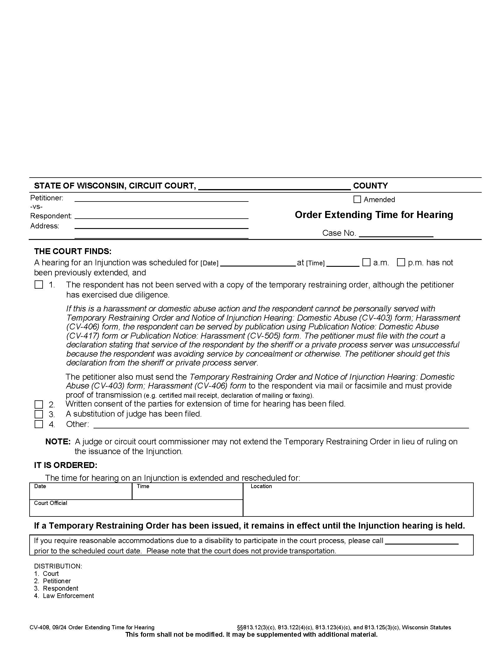 Order Extending Time For Hearing {CV-408} | Pdf Fpdf Docx | Wisconsin