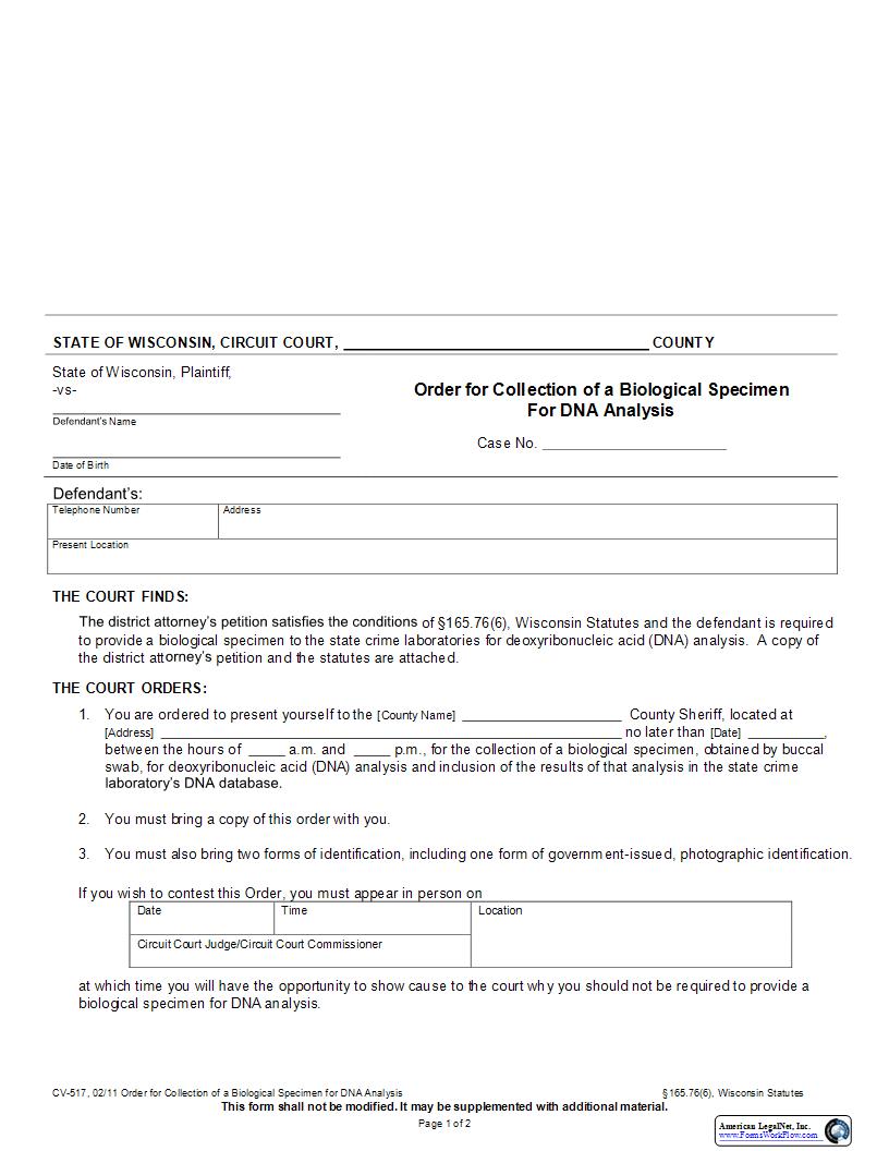 Order For Collection Of A Biological Specimen For DNA Analysis {CV-517} | Pdf Fpdf Docx | Wisconsin