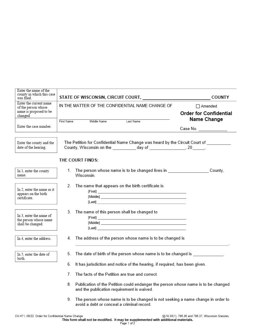 Order For Confidential Name Change {CV-471} | Pdf Fpdf Docx | Wisconsin