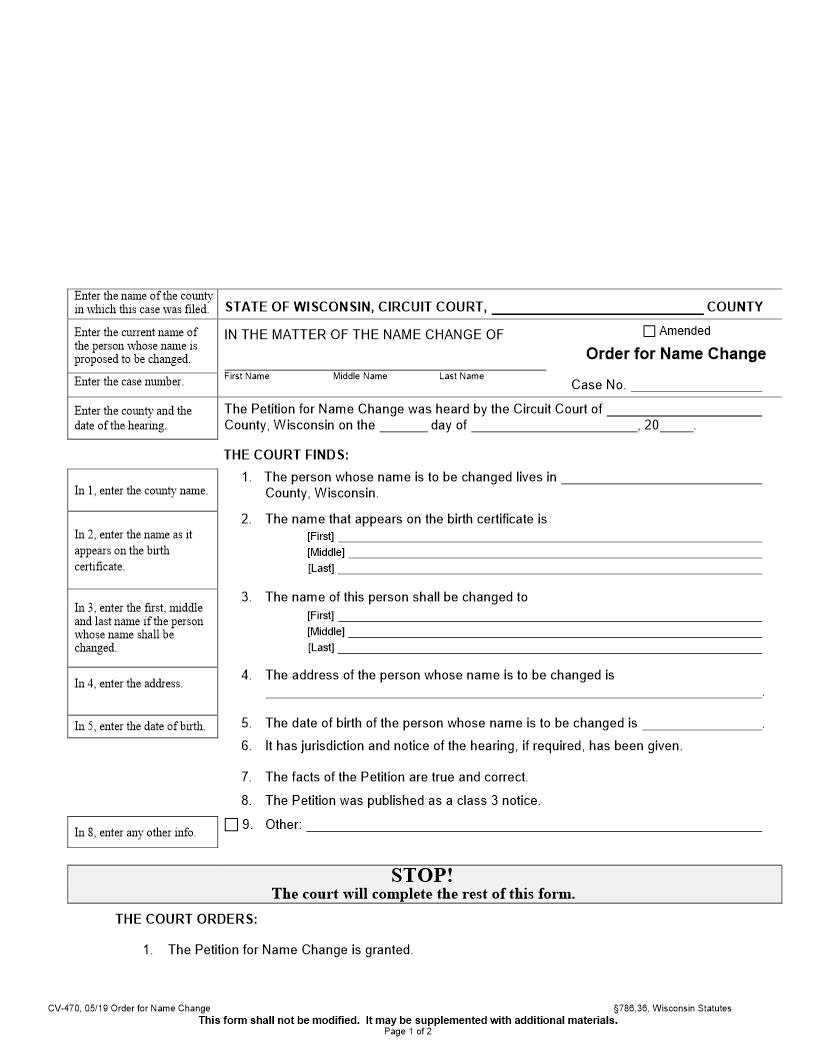 Order For Name Change {CV-470} | Pdf Fpdf Docx | Wisconsin