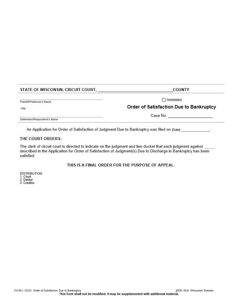Order Of Satisfaction Due To Bankruptcy {CV-901} | Pdf Fpdf Docx | Wisconsin