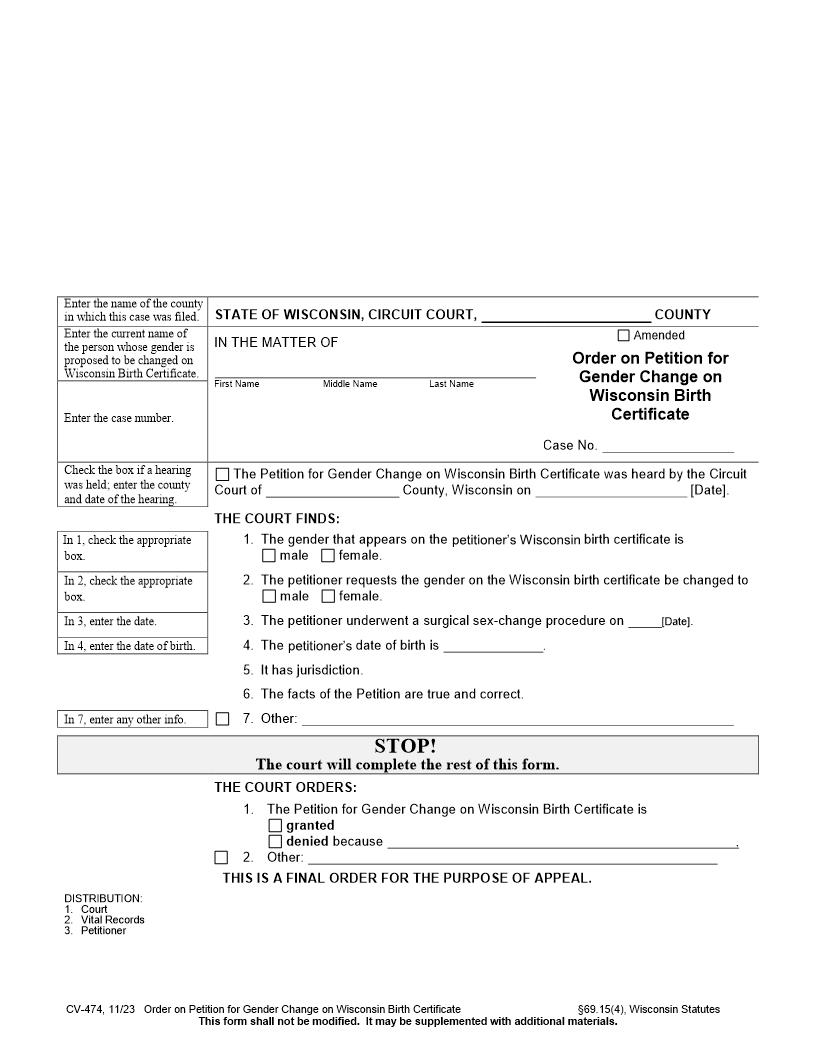 Order On Petition For Gender Change {CV-474} | Pdf Fpdf Docx | Wisconsin