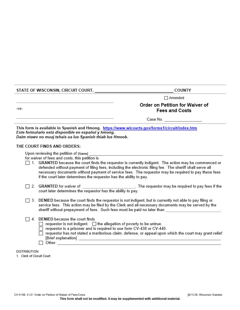 Order On Petition For Waiver Of Fees And Costs {CV-410B} | Pdf Fpdf Docx | Wisconsin