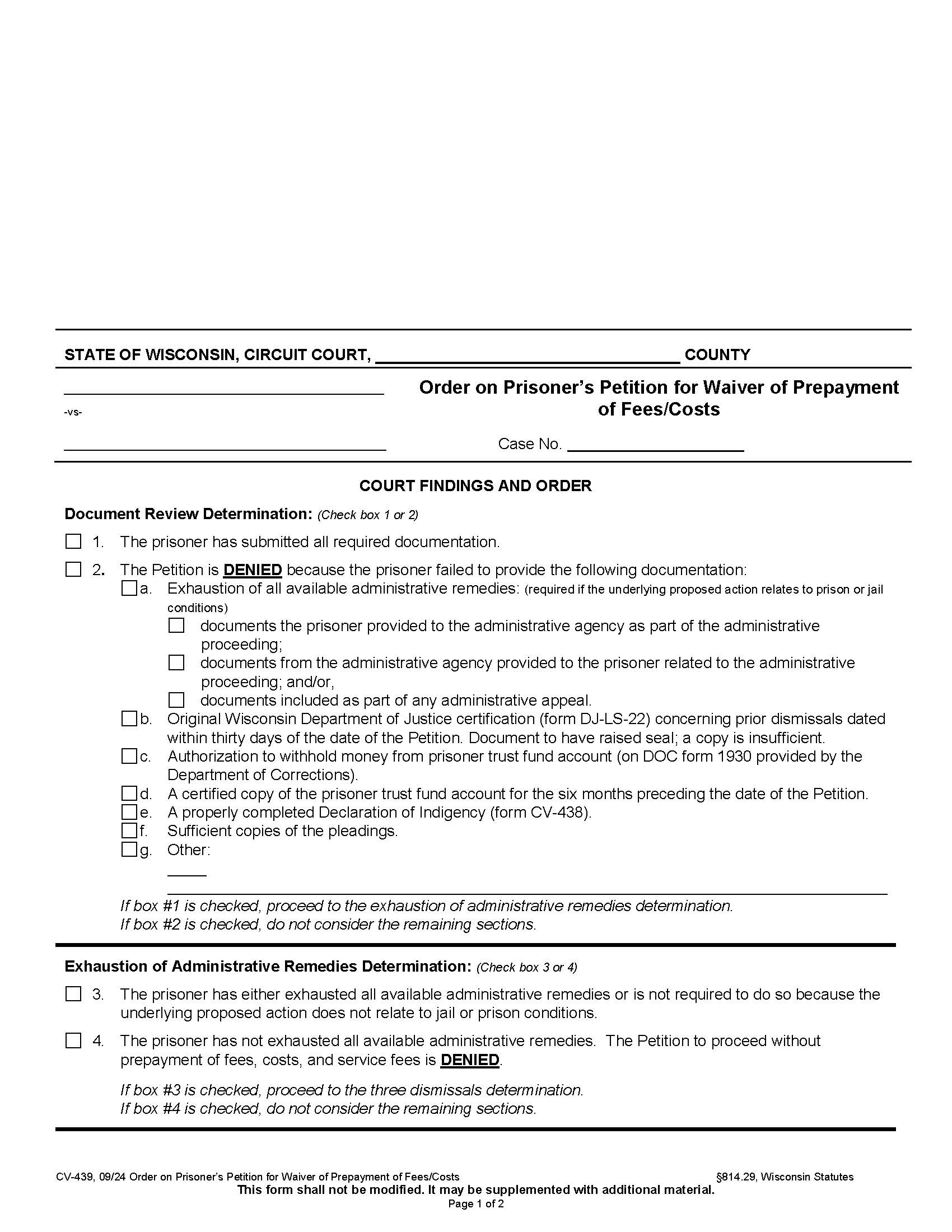 Order On Prisoners Petition For Waiver Of Prepayment Of Fees-Costs {CV-439} | Pdf Fpdf Docx | Wisconsin