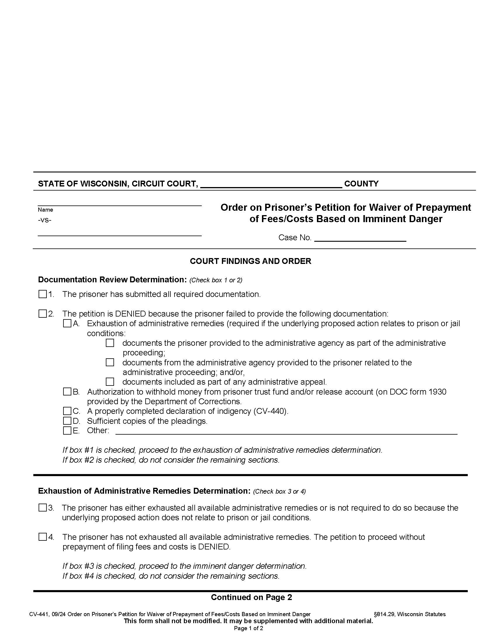 Order On Prisoners Petition For Waiver Of Prepayment Of Fees-Costs Based On Imminent Danger {CV-441} | Pdf Fpdf Docx | Wisconsin