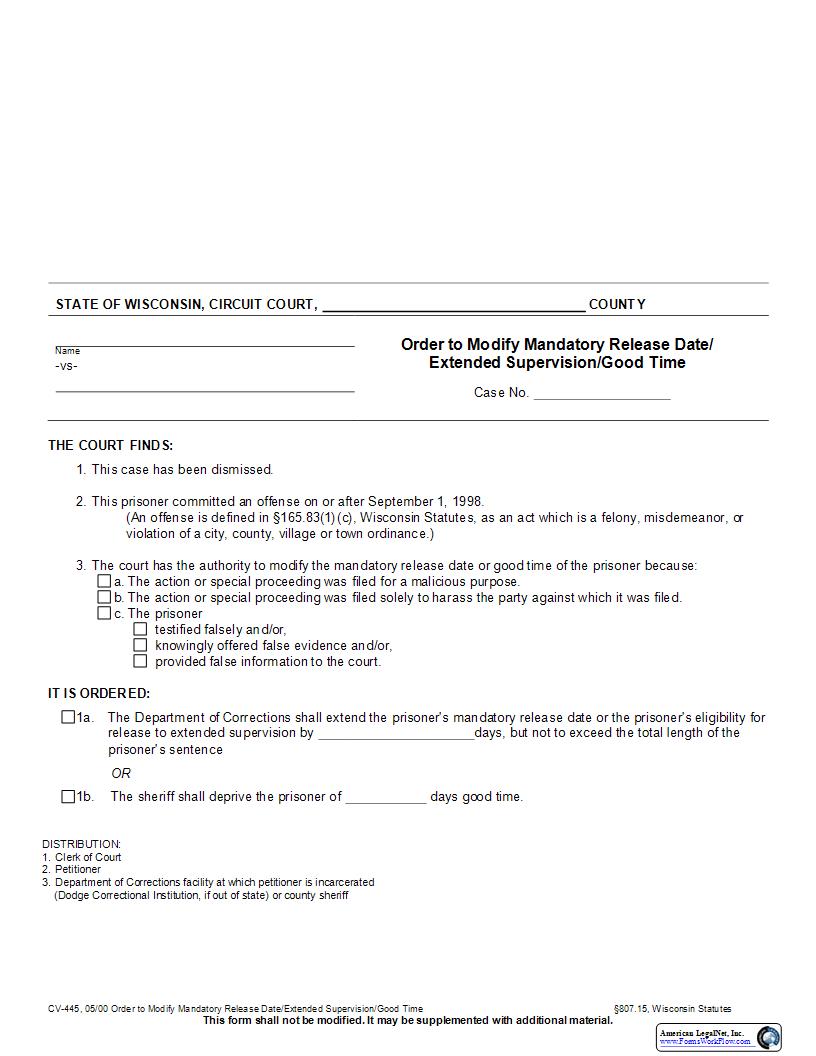 Order To Modify Mandatory Release Date Extended Supervision Good Time {CV-445} | Pdf Fpdf Docx | Wisconsin