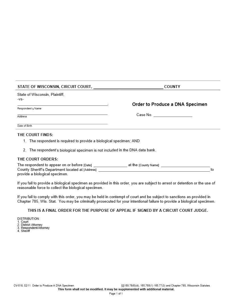 Order To Produce A DNA Specimen {CV-518} | Pdf Fpdf Docx | Wisconsin