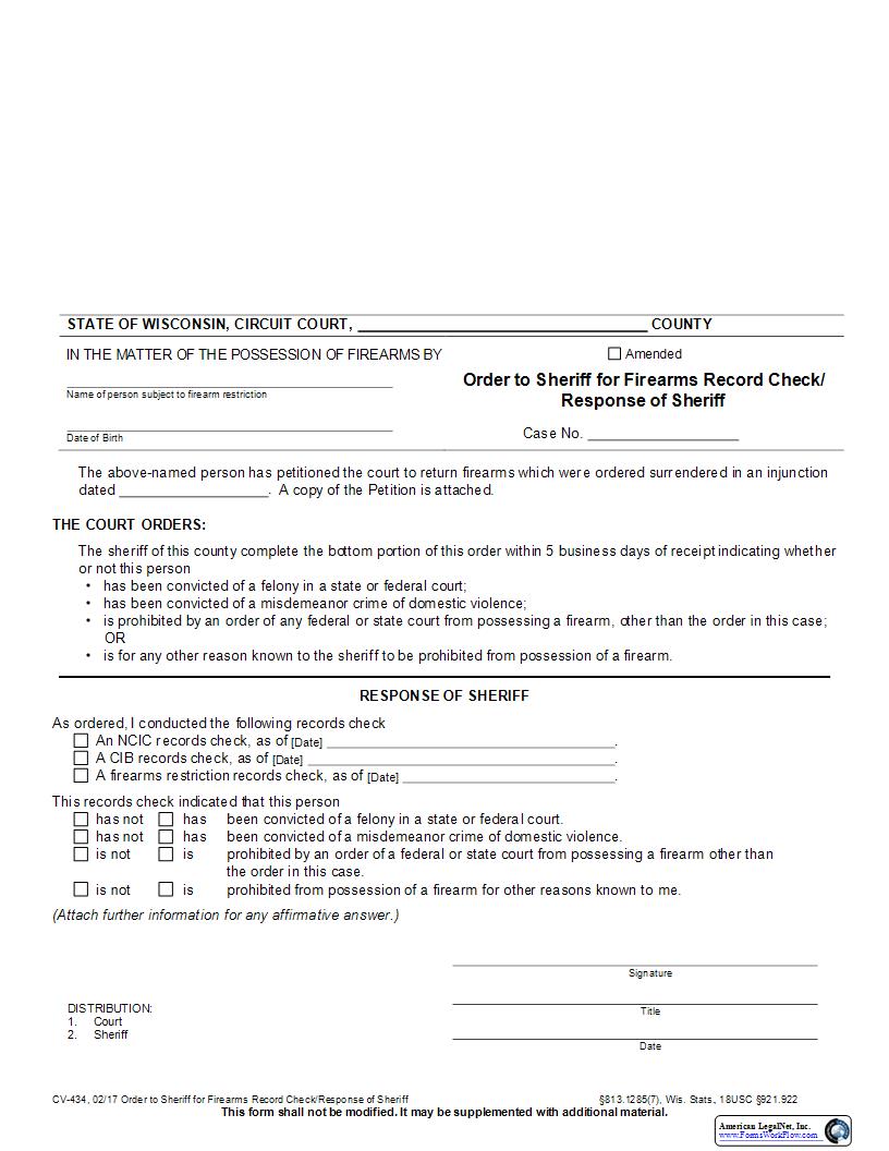 Order To Sheriff For Firearms Record Check Response To Sheriff {CV-434} | Pdf Fpdf Docx | Wisconsin