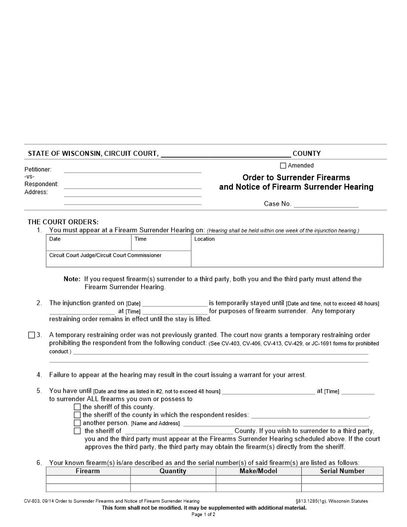 Order To Surrender Firearms And Notice Of Firearm Surrender Hearing {CV-803} | Pdf Fpdf Docx | Wisconsin