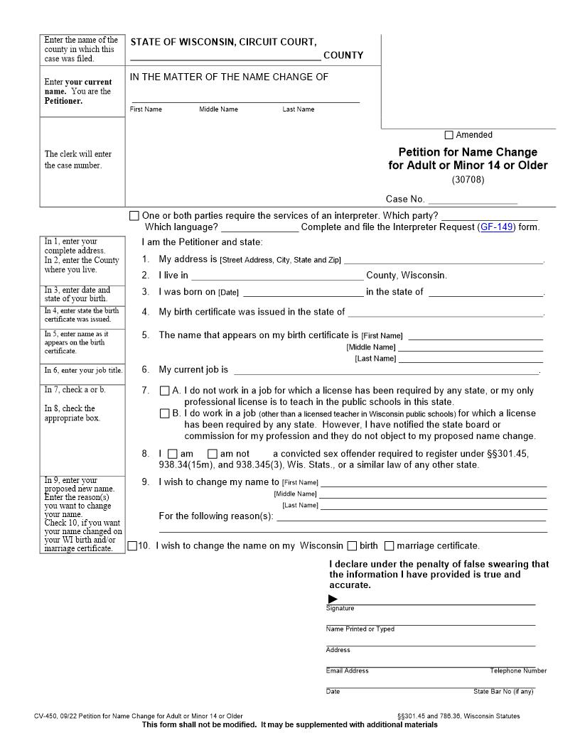 Petition Change Of Name (Adult or Minor 14 or Older) {CV-450} | Pdf Fpdf Docx | Wisconsin