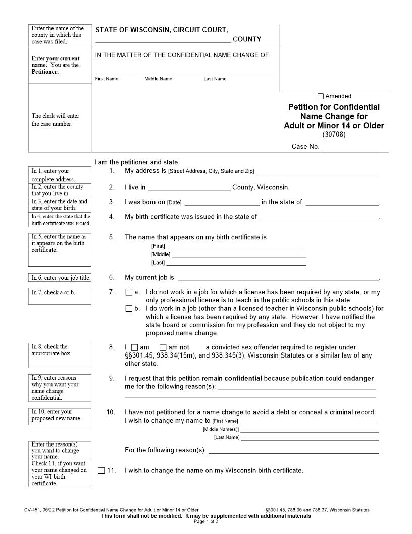 Petition For Confidential Name Change {CV-451} | Pdf Fpdf Docx | Wisconsin