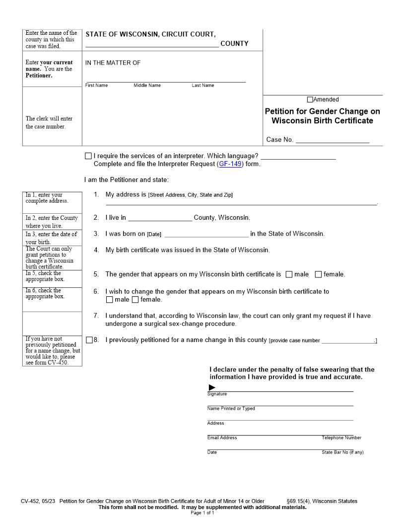 Petition For Gender Change {CV-452} | Pdf Fpdf Docx | Wisconsin