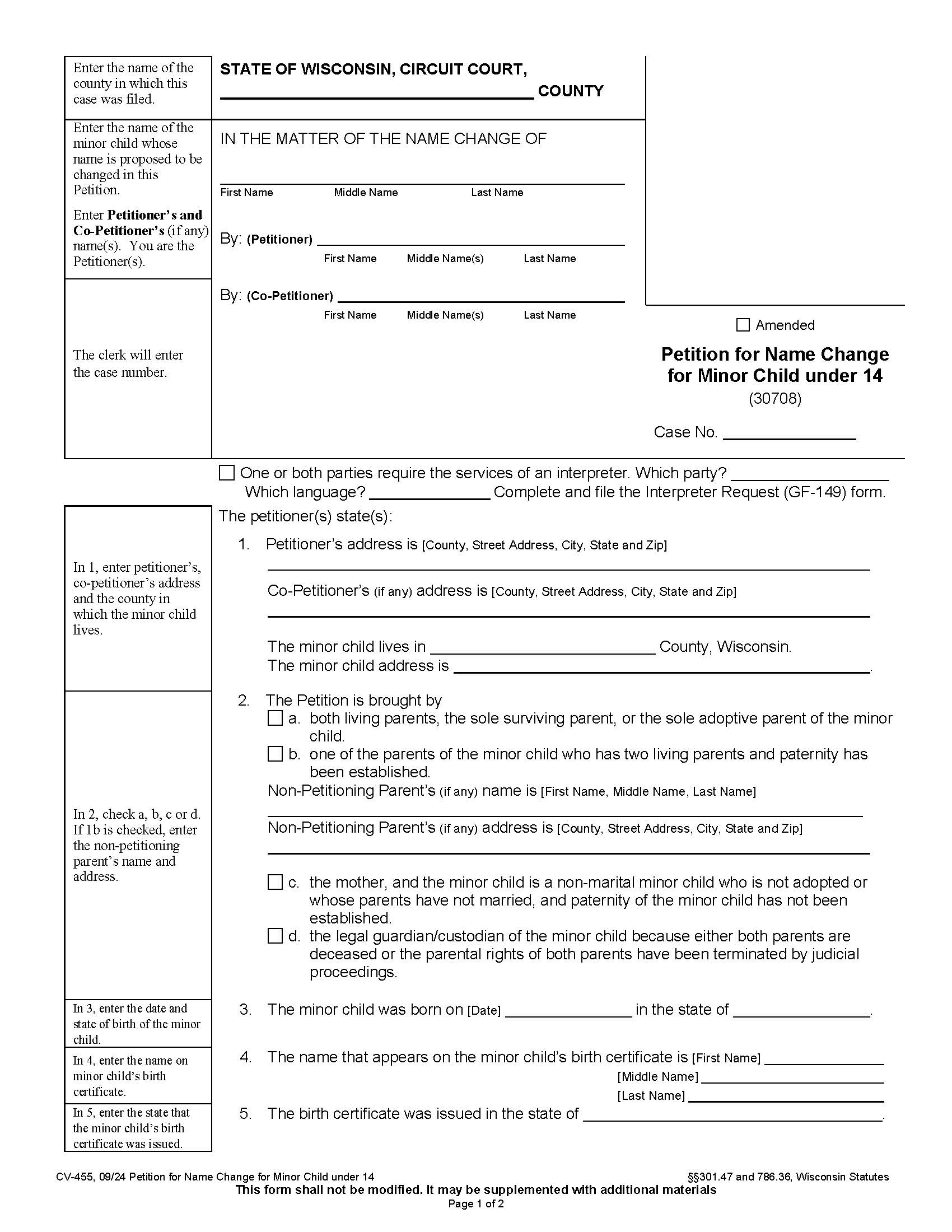 Petition For Name Change (Under 14) {CV-455} | Pdf Fpdf Docx | Wisconsin