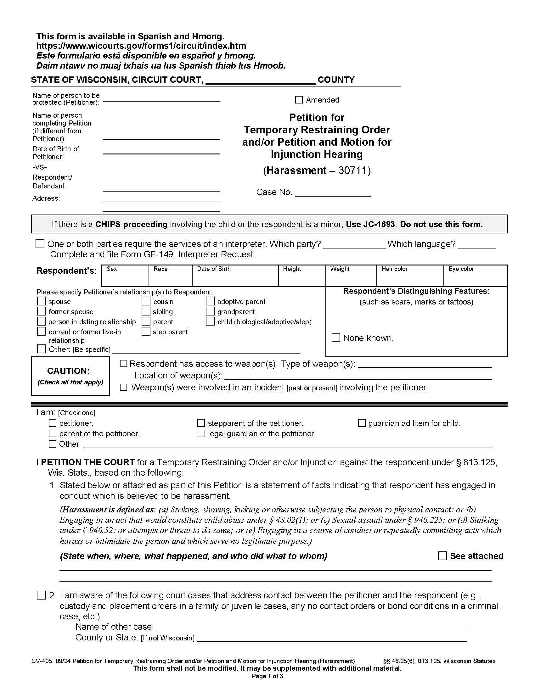 Petition For Temporary Restraining Order And Injunction {CV-405} | Pdf Fpdf Docx | Wisconsin