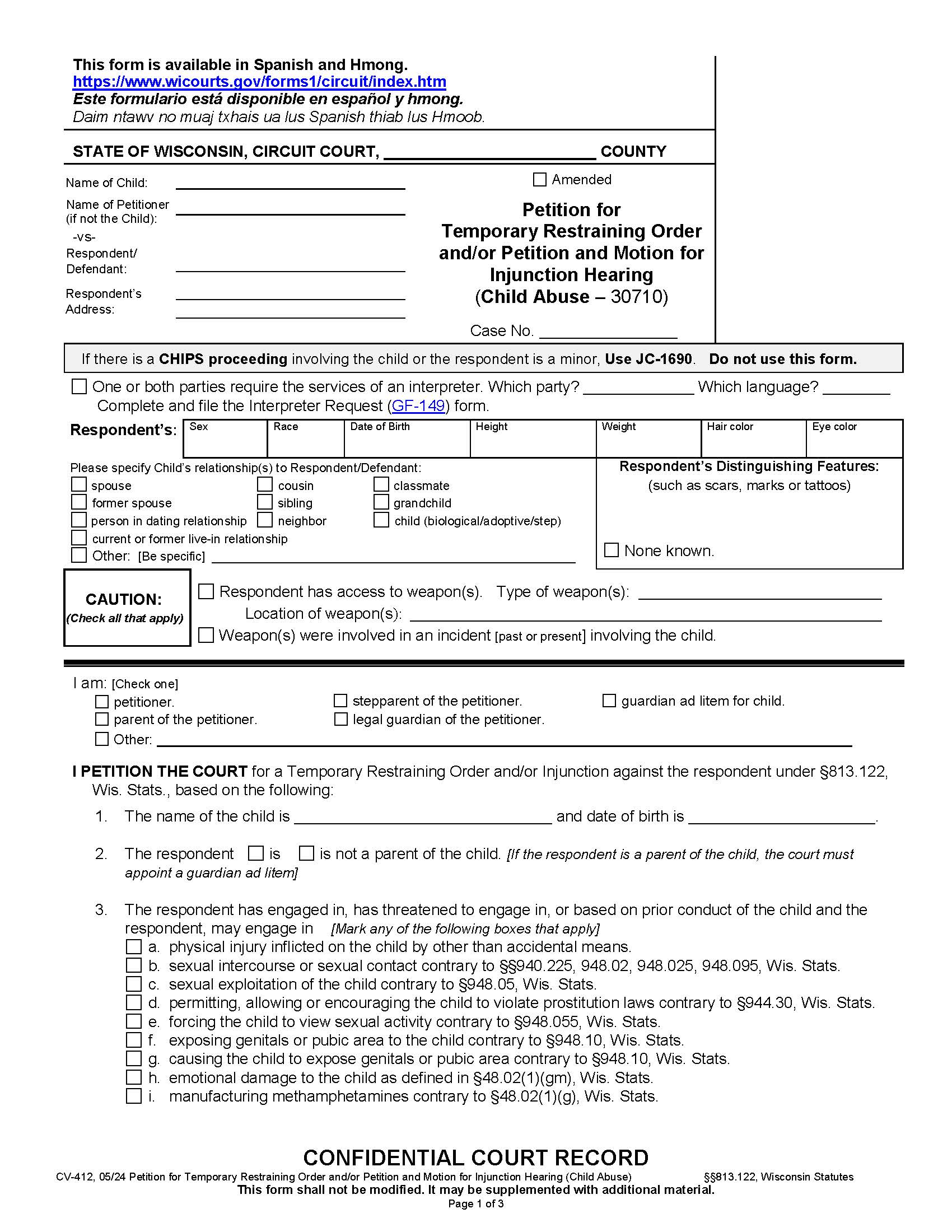 Petition For Temporary Restraining Order And-Or Injunction (Child Abuse) {CV-412} | Pdf Fpdf Docx | Wisconsin