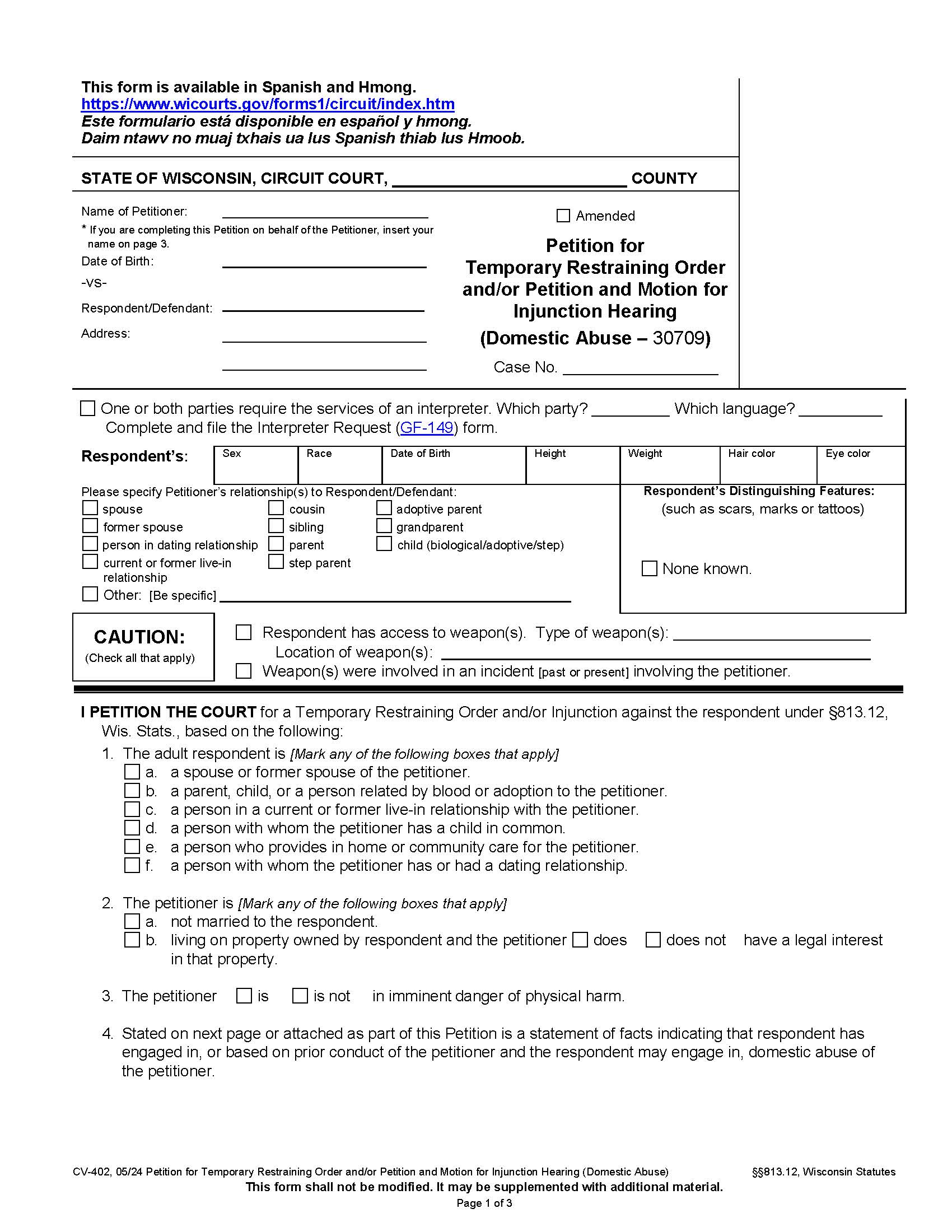 Petition For Temporary Restraining Order And-Or Injunction (Domestic Abuse) {CV-402} | Pdf Fpdf Docx | Wisconsin