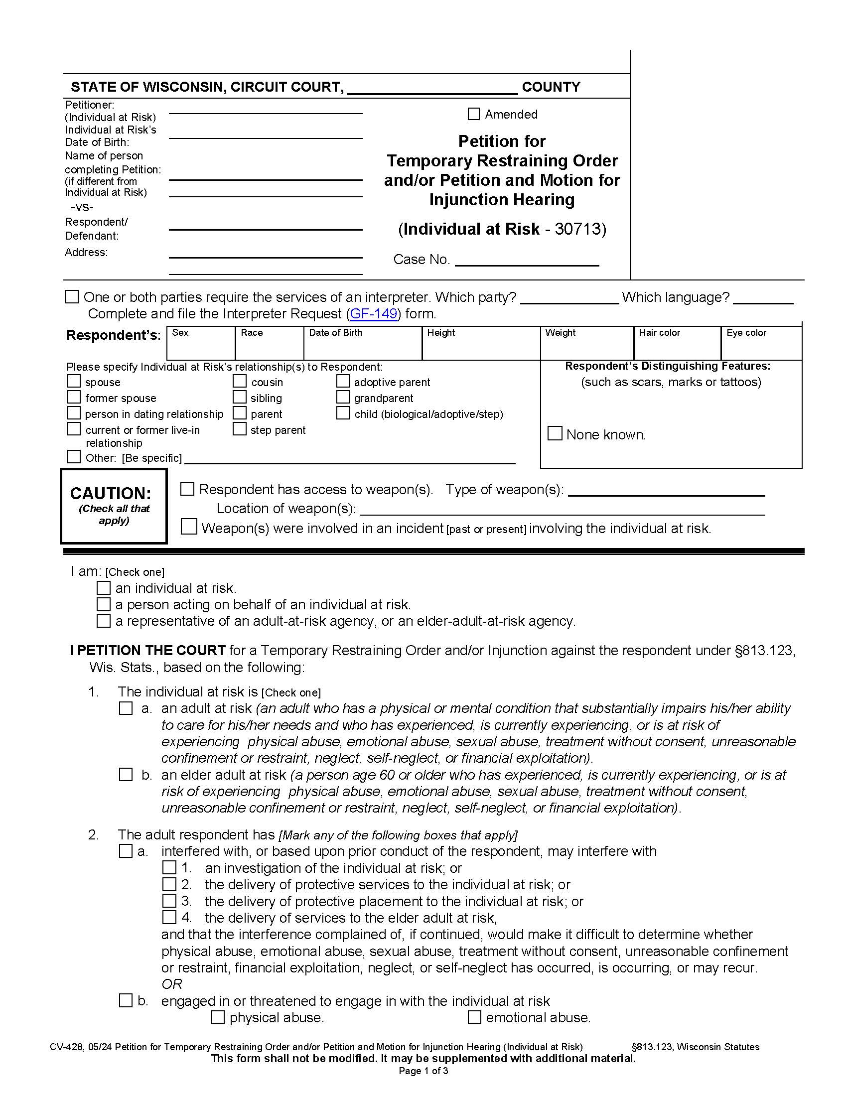 Petition For Temporary Restraining Order And-Or Injunction (Individual At Risk) {CV-428} | Pdf Fpdf Docx | Wisconsin