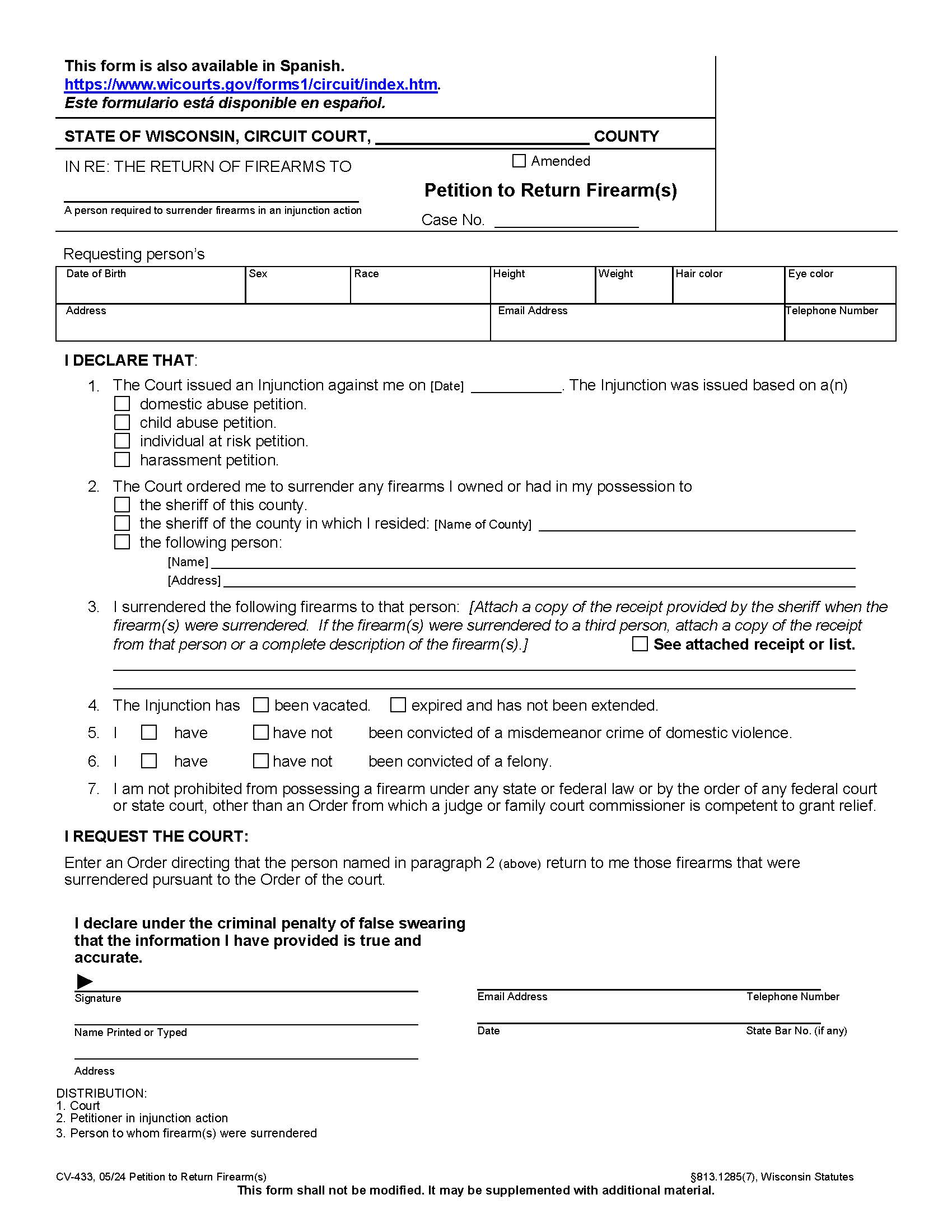 Petition To Return Firearms {CV-433} | Pdf Fpdf Doc Docx | Wisconsin