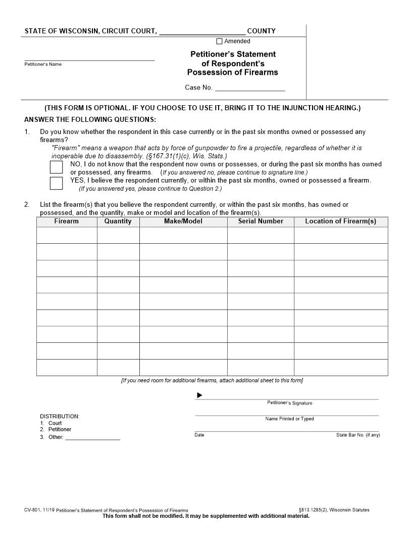 Petitioner Statement Of Respondent Possession Of Firearms {CV-801} | Pdf Fpdf Docx | Wisconsin