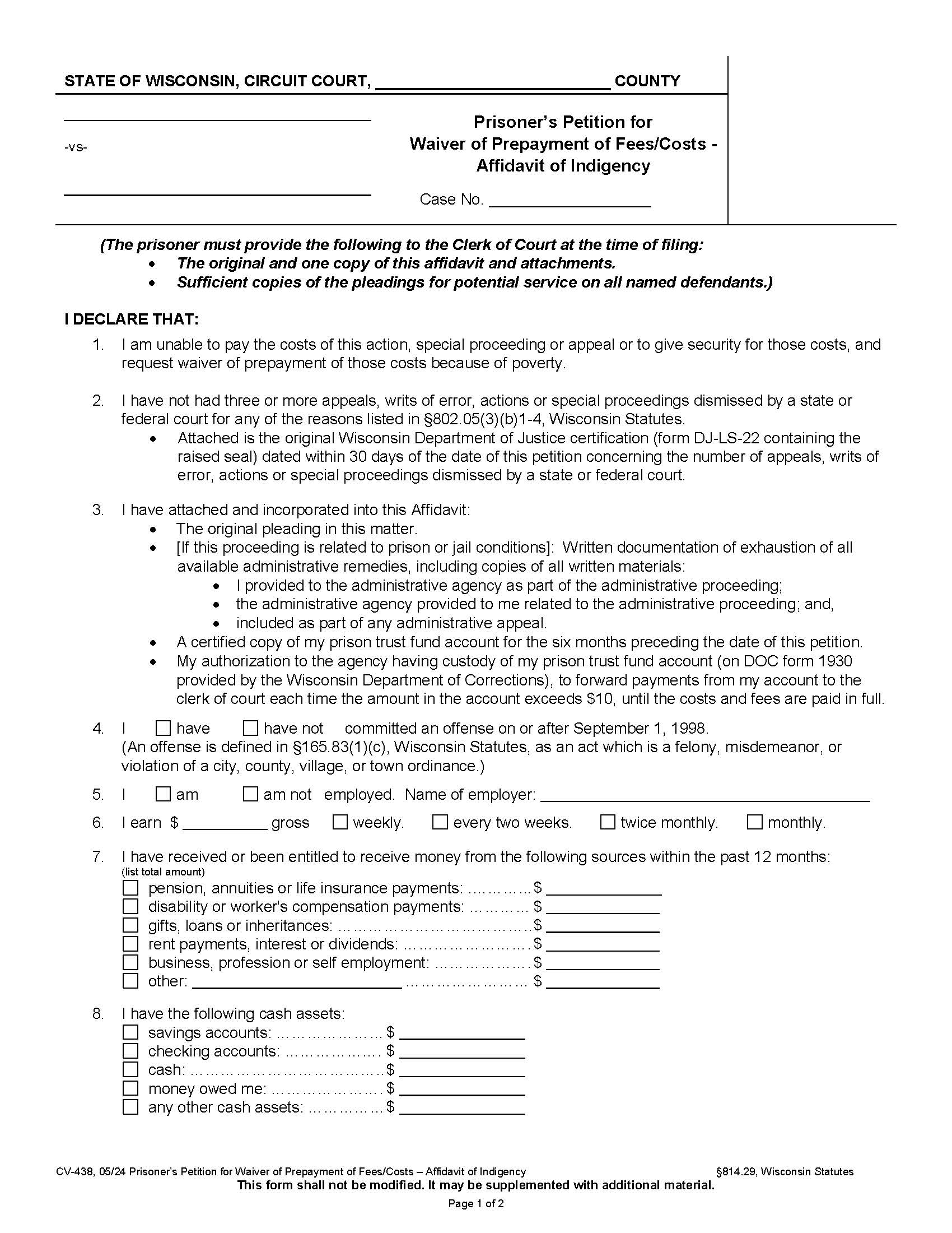Prisoners Petition For Waiver Of Prepayment Of Fees-Costs - Affidavit Of Indigency {CV-438} | Pdf Fpdf Docx | Wisconsin