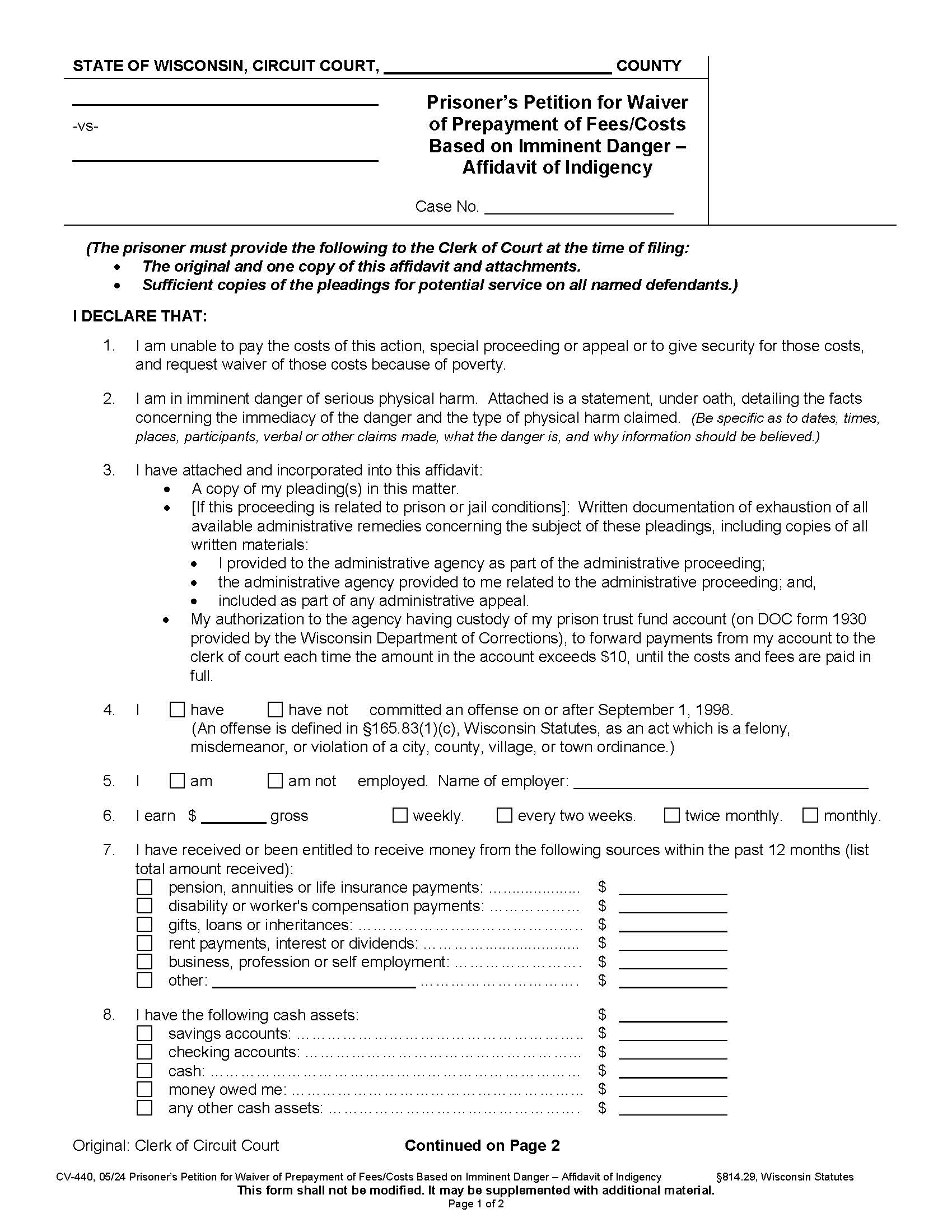 Prisoners Petition For Waiver Of Prepayment Of Fees-Costs Based On Imminent Danger - Affidavit Of Indigency {CV-440} | Pdf Fpdf Docx | Wisconsin