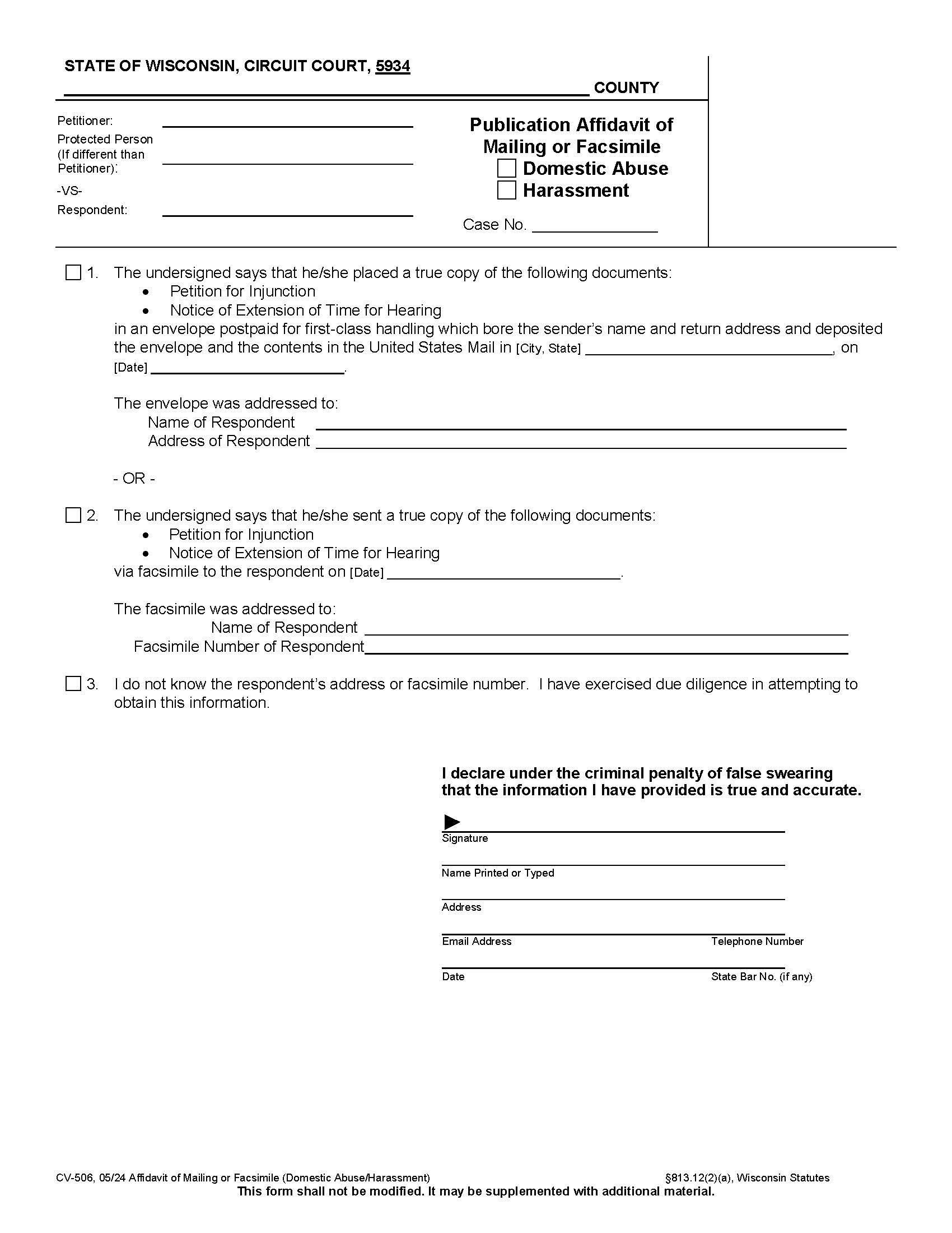 Publication Affidavit Of Mailing Or Facsimile For Domestic-Harassment {CV-506} | Pdf Fpdf Docx | Wisconsin