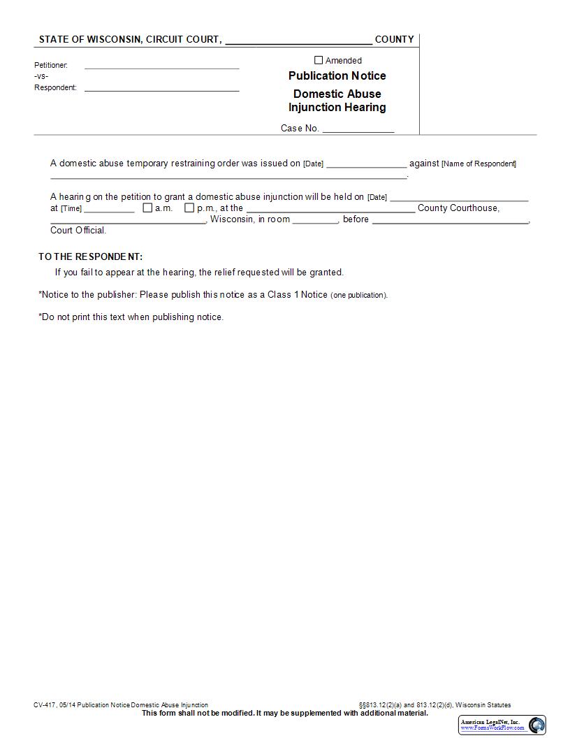 Publication Notice (Domestic Abuse Injunction Hearing) {CV-417} | Pdf Fpdf Docx | Wisconsin