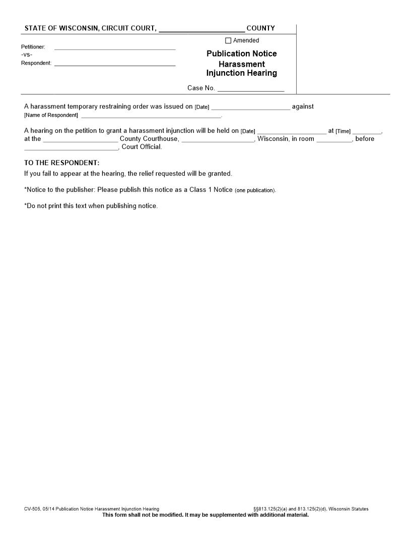 Publication Notice (Harrasment Injunction Hearing) {CV-505} | Pdf Fpdf Doc Docx | Wisconsin