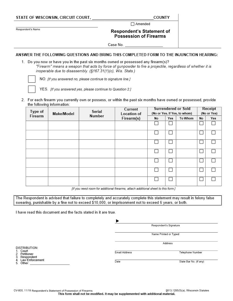 Respondent Statement Of Possession Of Firearms {CV-800} | Pdf Fpdf Docx | Wisconsin