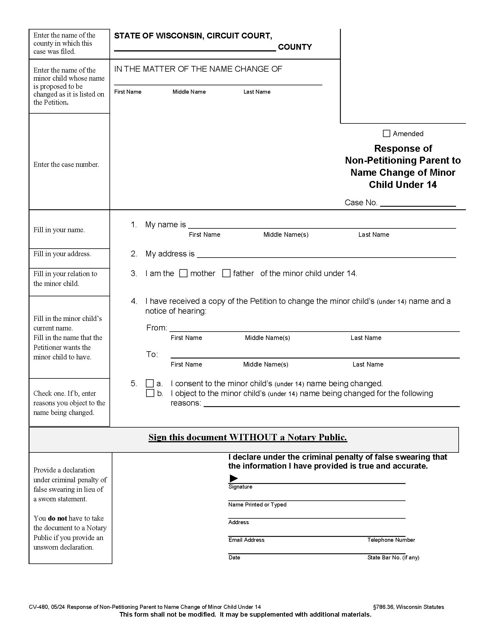Response Non-Petitioning Parent To Name Change Of Minor Child Under 14 {CV-480} | Pdf Fpdf Docx | Wisconsin