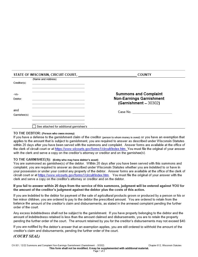 Summons And Complaint Non-Earnings Garnishment {CV-301} | Pdf Fpdf Docx | Wisconsin