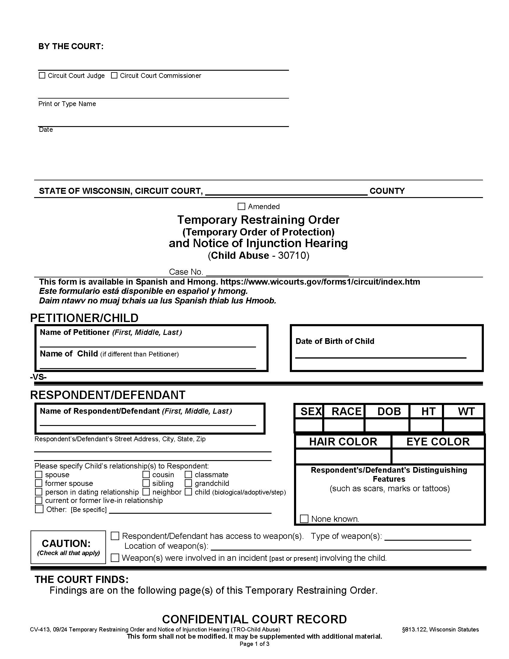 Temporary Restraining Order And Notice Of Injunction Hearing (Child Abuse-30710) {CV-413} | Pdf Fpdf Docx | Wisconsin