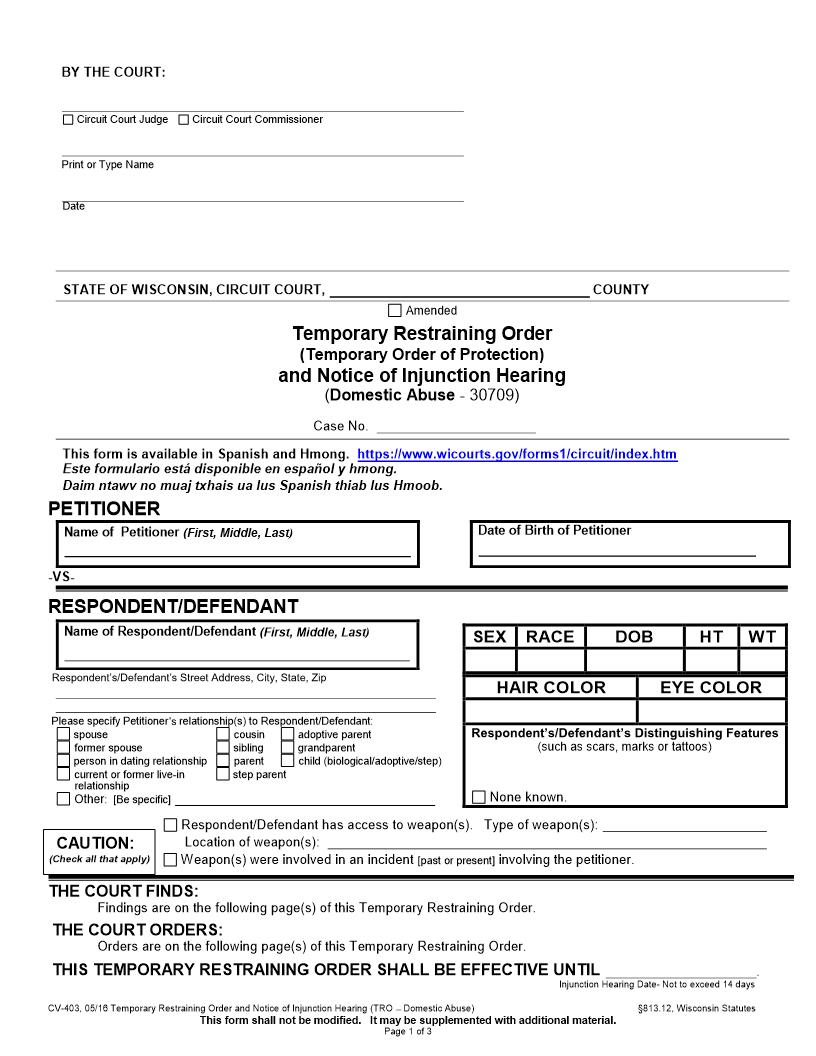 Temporary Restraining Order And Notice Of Injunction Hearing (Domestic Abuse-30709) {CV-403} | Pdf Fpdf Docx | Wisconsin