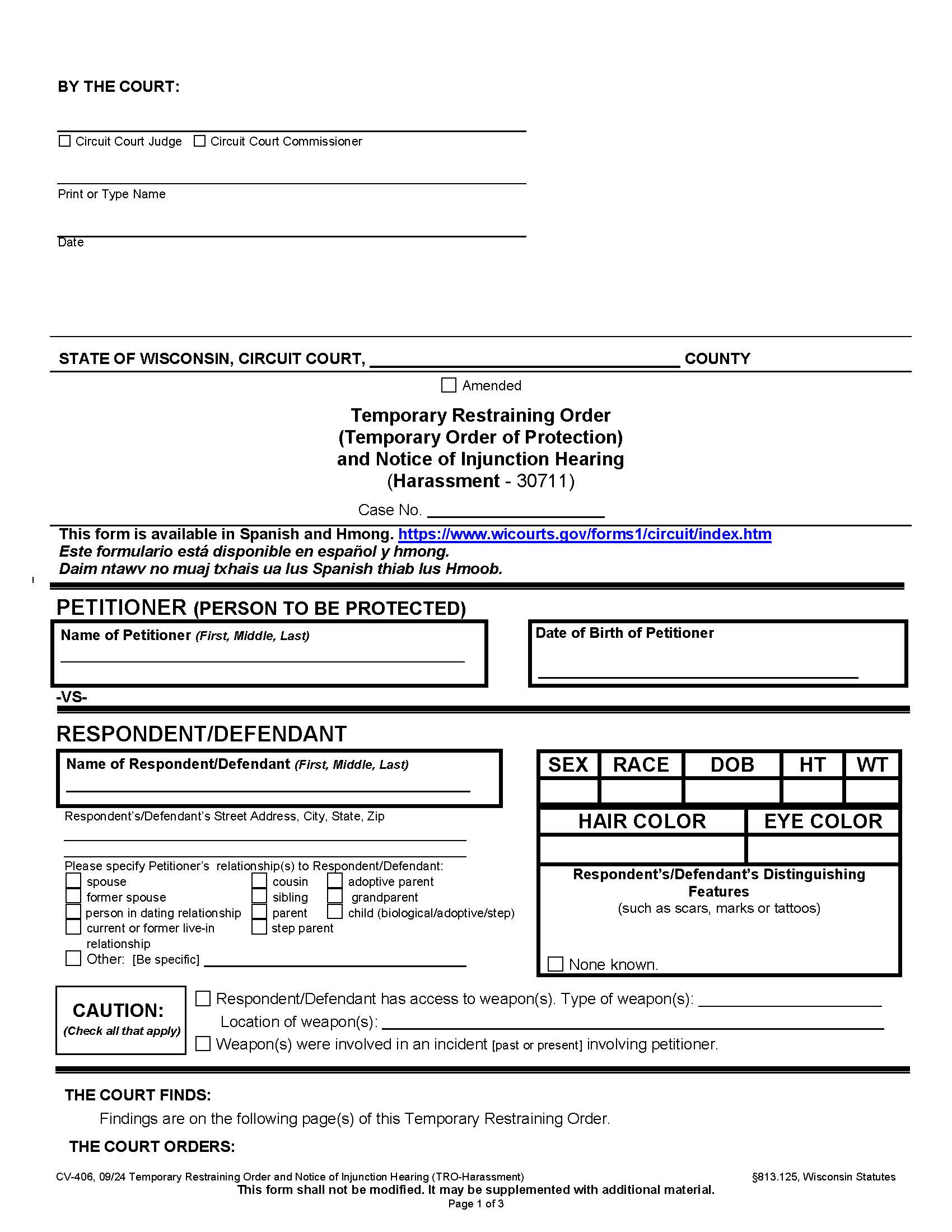 Temporary Restraining Order And Notice Of Injunction Hearing (Harassment-30711) {CV-406} | Pdf Fpdf Docx | Wisconsin