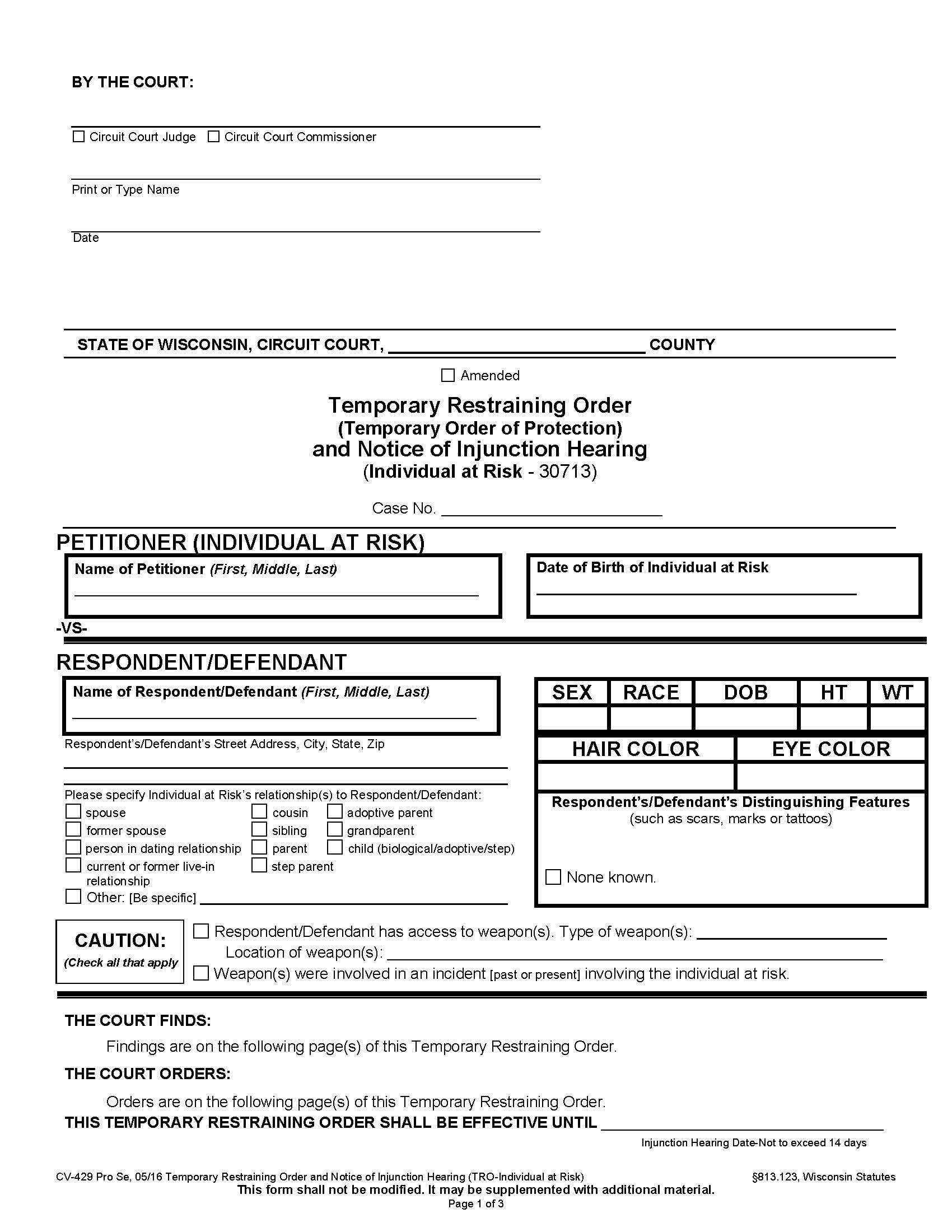 Temporary Restraining Order And Notice of Injunction Hearing (Individual At Risk-30713) {CV-429} | Pdf Fpdf Docx | Wisconsin