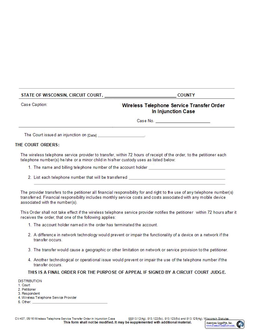 Wireless Telephone Service Transfer In Injunction Case {CV-437} | Pdf Fpdf Docx | Wisconsin