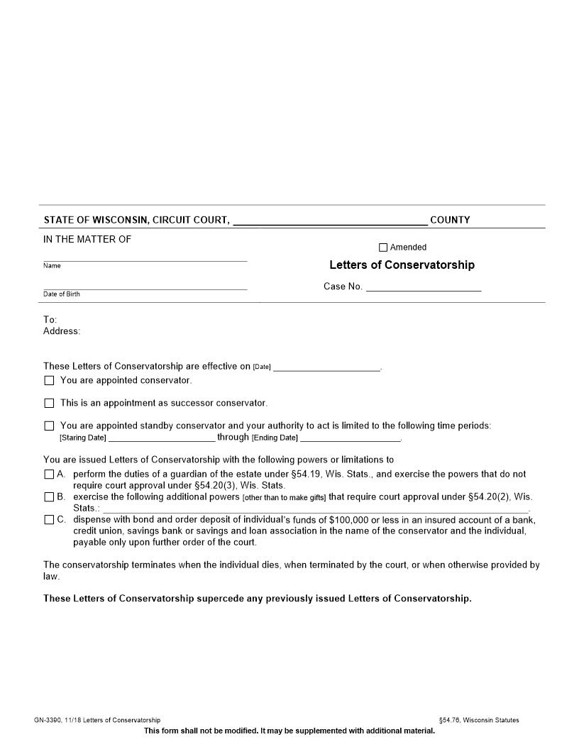 Letters Of Conservatorship {GN-3390} | Pdf Fpdf Docx | Wisconsin