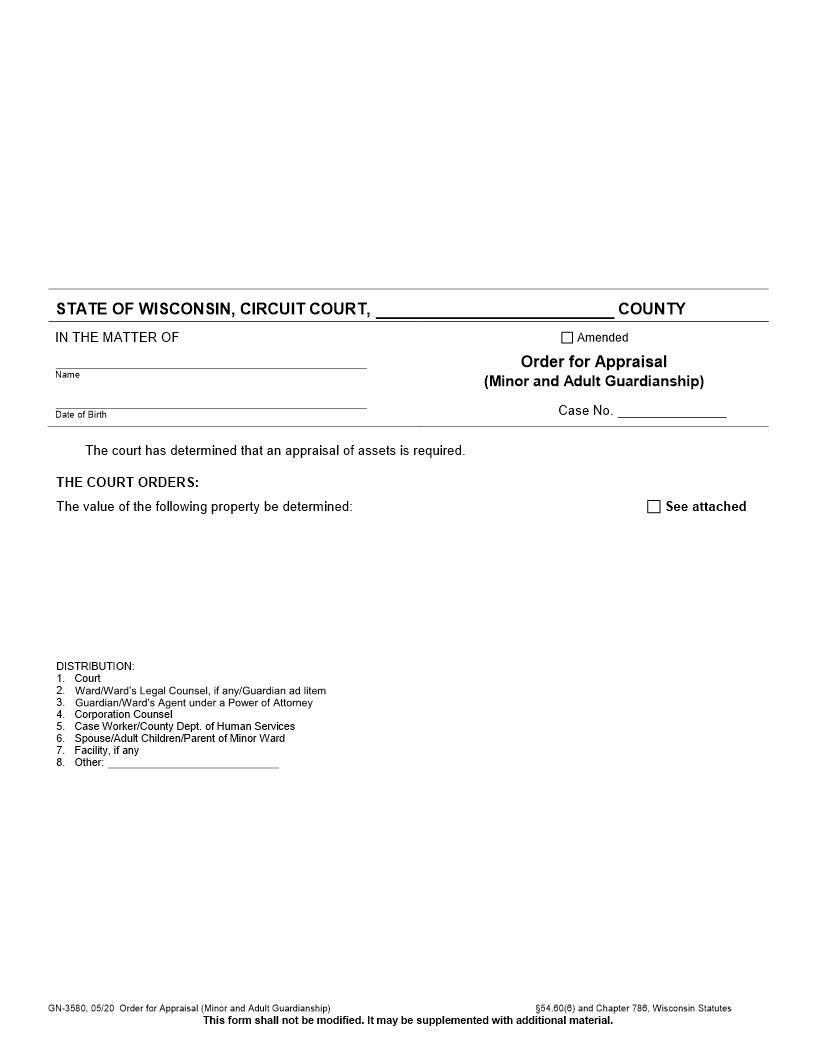 Order For Appraisal {GN-3580} | Pdf Fpdf Docx | Wisconsin