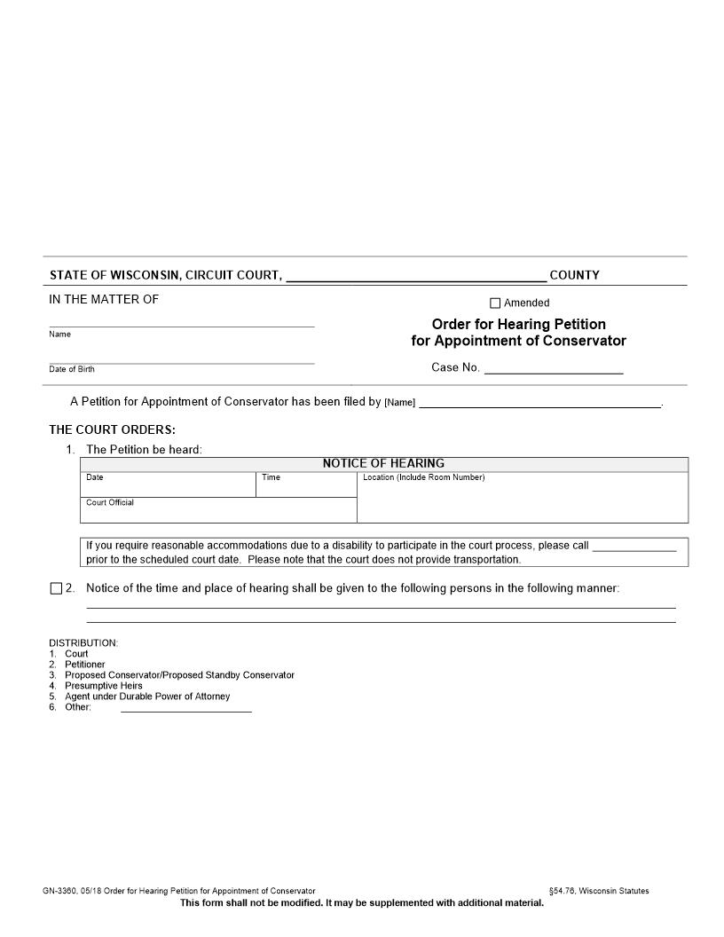 Order For Hearing Petition For Appointment Of Conservator {GN-3360} | Pdf Fpdf Docx | Wisconsin
