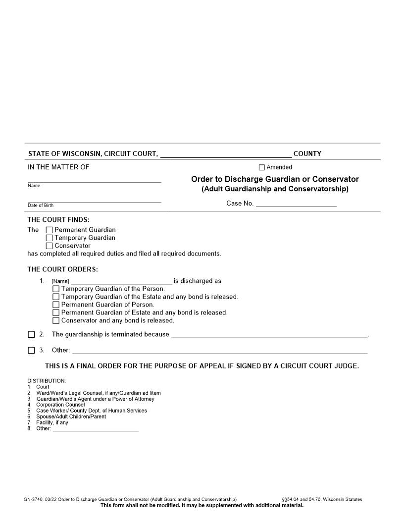 Order Of Discharge Of Guardian Or Conservator {GN-3740} | Pdf Fpdf Docx | Wisconsin
