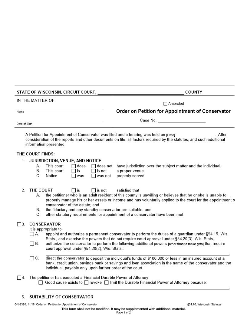 Order On Petition For Appointment Of Conservator {GN-3380} | Pdf Fpdf Docx | Wisconsin