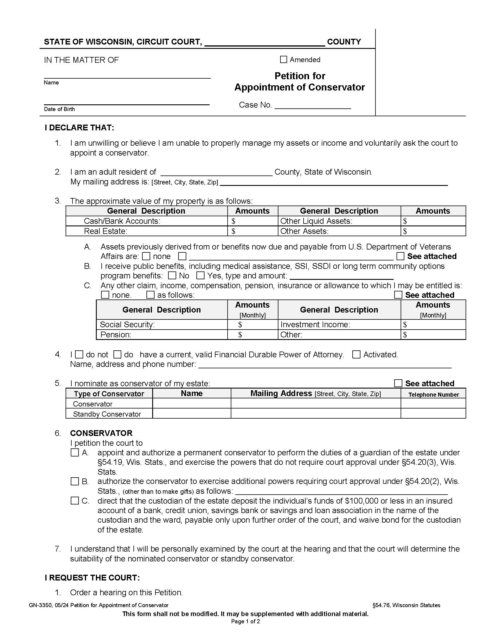 Petition Or Appointment Of Conservator {GN-3350} | Pdf Fpdf Docx | Wisconsin